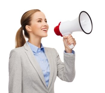 business, communication and office concept - smiling businesswoman with megaphone