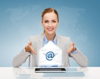 business, technology, internet and office concept - smiling businesswoman with tablet pc computer with envelope