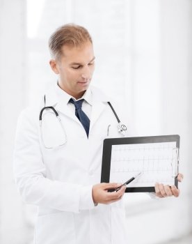 healthcare and medical concept - male doctor with stethoscope showing cardiogram