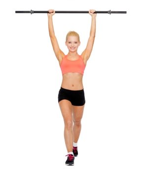 fitness, sport and dieting concept - smiling sporty woman with barbell stepping forward