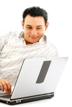 portrait of relaxed man with laptop computer over white