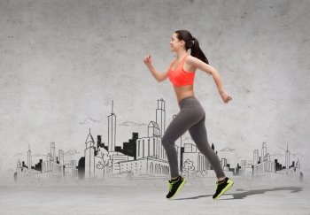 fitness, sport, exercising and dieting concept - beautiful sporty woman running in front of the city drawing