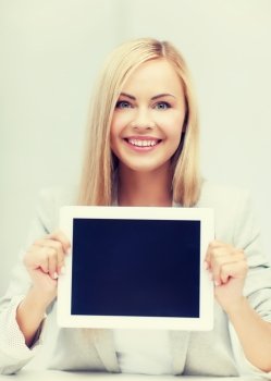 picture of smiling woman showing tablet pc display