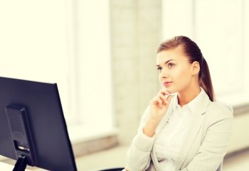 bright picture of pensive woman in office