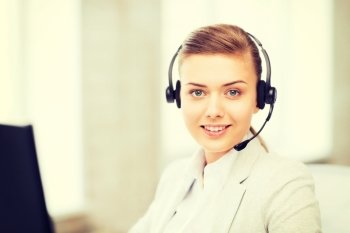 business, communication and call center - female helpline operator with headphones