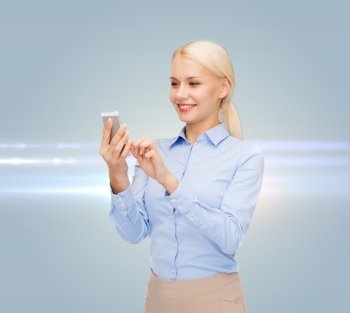 business, technology, internet and education concept - smiling young businesswoman with smartphone over gray background