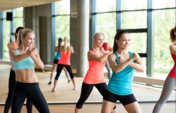 fitness, sport, training, gym and lifestyle concept - group of women working out in gym