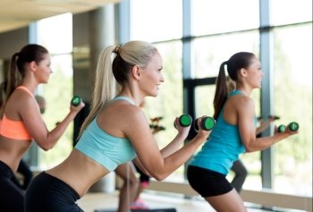 fitness, sport, training, gym and lifestyle concept - group of women working out with dumbbells and steppers in gym