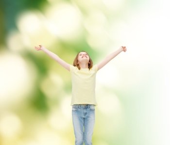 happiness, freedom, future concept - smiling teenage girl in with raised hands