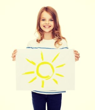 creation, art, family, happiness and painting concept - smiling little child holding picture of sun