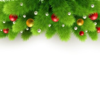 Christmas background Vector illustration.. Winter background with isolated pine branch and baubles. Christmas  tree decoration. Vector illustration.