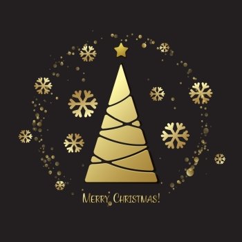 Christmas tree. Vector greeting. Vector illustration gold Christmas tree.  Holiday background