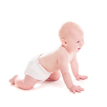 Adorable six month baby craws over white background