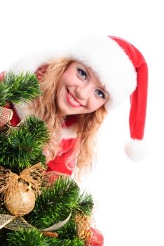  Christmas santa girl face behind a decorated fir-tree.