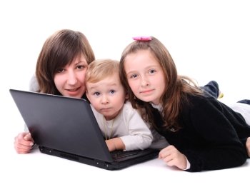 Three children play with laptop, isolated on white