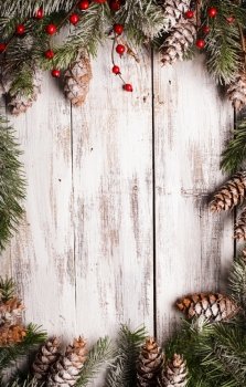 White shabby Christmas border with snow covered pinecones