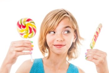 Funny teen with colored nails holding Colorful lollipop. Isolated on white background. Teenager with colorful lollipop