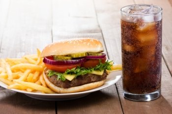 hamburger with fries and cola