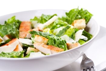 Caesar salad with chicken and greens on white background