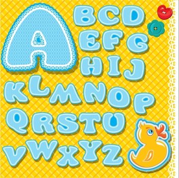 Chidish alphabet - letters are made of blue lace and ribbons on checkered yellow background - version for baby boy