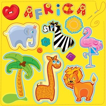 Set of buttons, cartoon animals and word AFRICA - hand made cutout images and letters - picture for chilfren