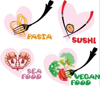 Set of Food Icons in hearts shapes: Japanese Cuisine - Sushi, Italian - Pasta, Sea and Vegan food.
