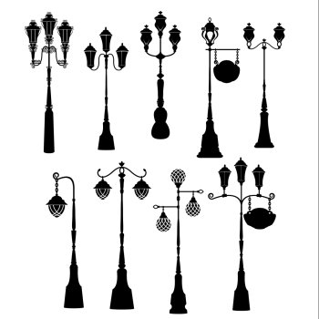 Set of retro street lanterns silhouettes 