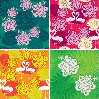Set of seamless patterns with palm trees leaves, Frangipani flowers and flamingos. Ready to use as swatch.