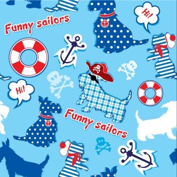 Seamless pattern with funny scottish terrier dogs  - sailors, anchor, lifebuoy, jolly Roger