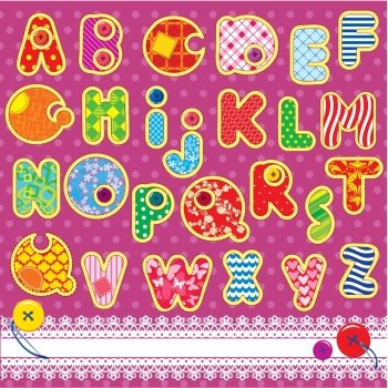 Patchwork ABC alphabet - letters are made of different ornamental fabrics
