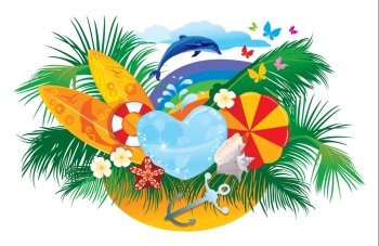 summer background with palms, shells, surfboards, rainbow and dolphin