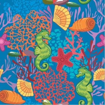 Seamless nautical pattern on blue background with sea horses, fishes, sea stars,  shells, coral reef.  Ready to use as swatch.