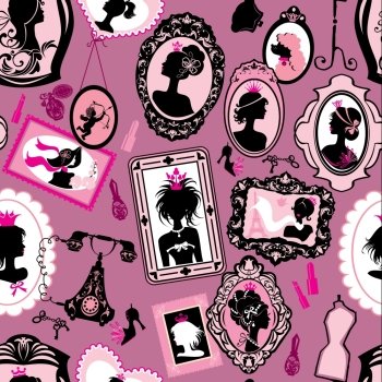Seamless pattern with glamour girl portraits  - black silhouettes. Princess accessories and furniture. Ready to use as swatch. 