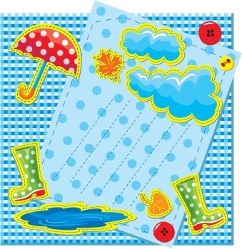 hand made frame in autumn style with rain, clouds, puddle, rubber boots and umbrella - is made of polka dot and checkered fabric