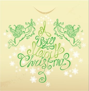 Holiday card with  with hand drawn illustration of angels hand written text A very Merry Christmas on beige background.