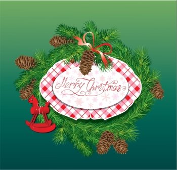 Christmas and New Year background - fir tree branches, pine cones and horse toy - oval frame.