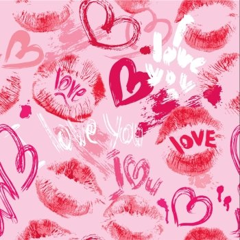 Seamless pattern with brush strokes and scribbles in heart shapes, lips prints and words LOVE, I LOVE YOU - Valentines Day Background.