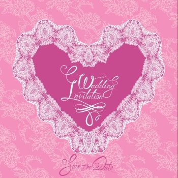White Heart shape is made of lace doily on pink floral background, Wedding Invitation Card with calligraphic text Save the Date
