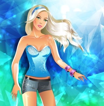 Fashion beautiful blonde woman in a blue dress, with abstract  background/spring illustration