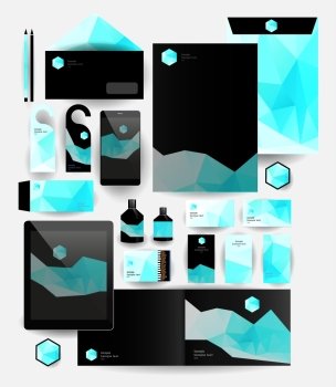 Abstract polygonal business set. Geometric, triangles. Corporate identity templates blank, business cards, badge, envelope, pen, Folder for documents, Tablet PC,  Mobile Phone