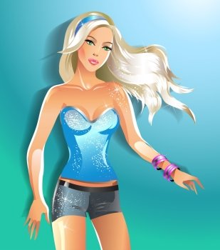 Fashion beautiful blonde woman in a blue dress,  with abstract  background spring illustration