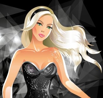 Fashion beautiful blonde woman  in a black dress, with abstract  background for your text