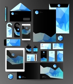 Abstract polygonal business set. Geometric, triangles. Corporate identity templates blank, business cards, badge, envelope, pen, Folder for documents, Tablet PC,  Mobile Phone