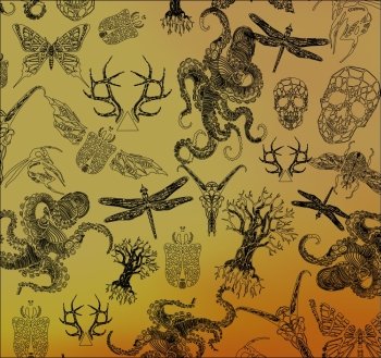 Abstract  gothic thin line design elements, octopus, the crystal skull, dragonfly, antlers, beetle, tree, symbol, sign for tattoo