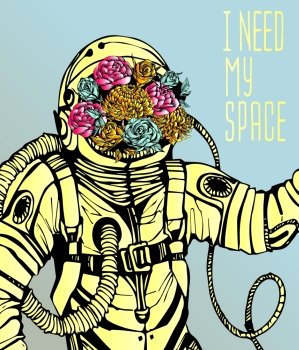Space concept with astronaut, Quote Background and flowers, typography. Cosmic poster