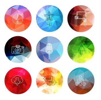 Universal modern icons on polygonal backgrounds. Icons for web and mobile app, business, finance, multimedia, hipster style. low poly illustration
