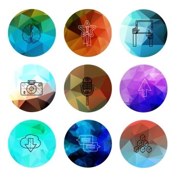 Universal modern icons on polygonal backgrounds. Icons for web and mobile app, business, finance, multimedia, hipster style. low poly illustration