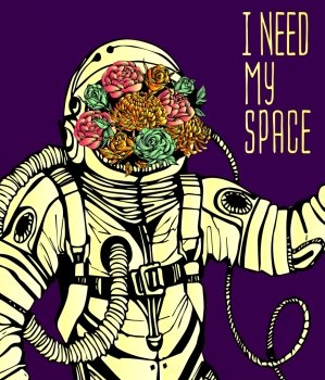 Space concept with astronaut, Quote Background and flowers, typography. Cosmic poster