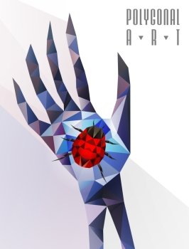 Abstract polygonal hand with beetle. Geometric hipster illustration. Polygonal poster. Polygonal modern elements