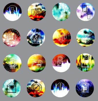 Universal modern icons on blur background. Icons for web and mobile app, business, finance, multimedia, hipster style